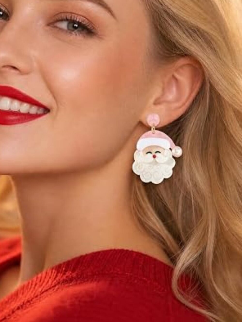 Pink Santa Earrings for Women,Pearl Christmas Santa Hat Dangle Earrings